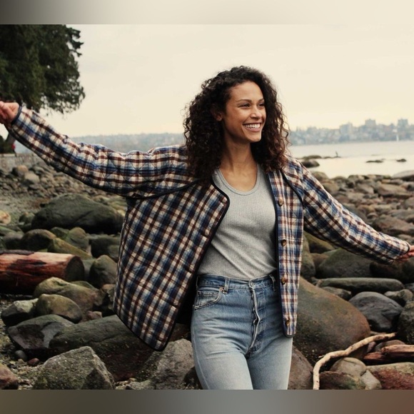 Doen Sedona Quilted Wool Silk Jacket Belleville Plaid Blue Brown Small EUC - Picture 9 of 10